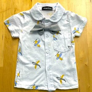 FERENYI AIRPLANE BOWTIE BABY SHIRT SIZE 8MO BOYS BUTTON DOWN SHORTSLEEVE POCKET